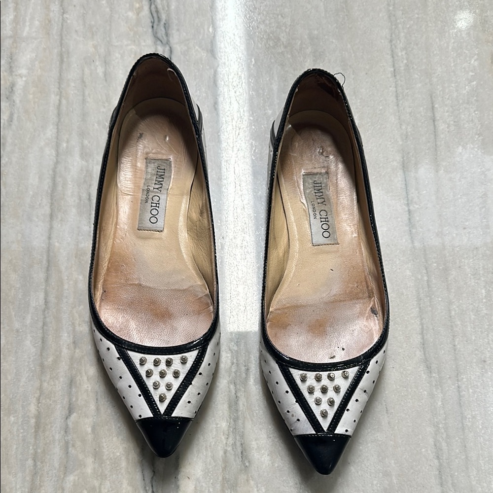 Jimmy Choo Black and White Geometric Flats - well worn